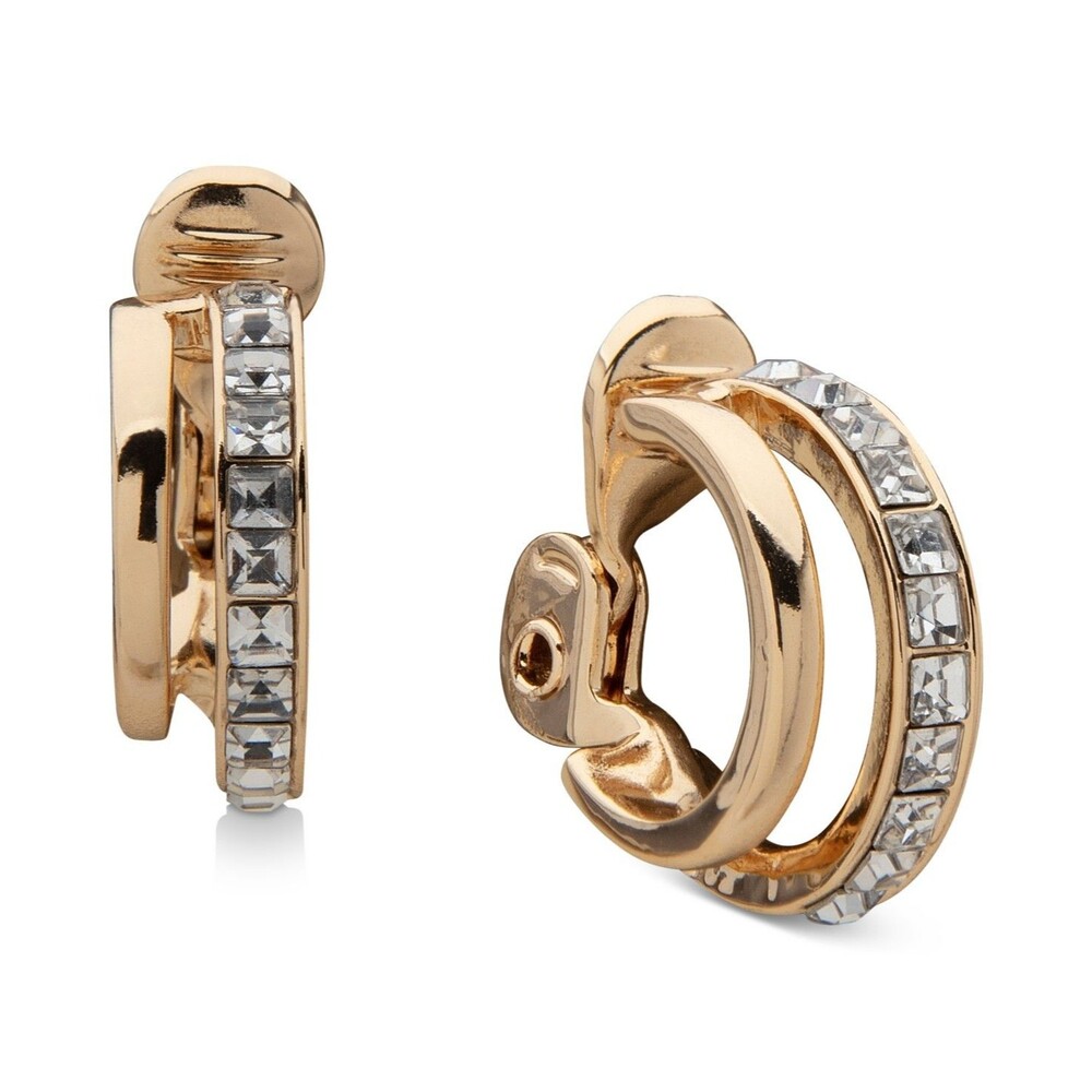 Anne Klein Gold Tone Double Row Crystal Clip-On Hoop Earrings 0.68” No Piercing